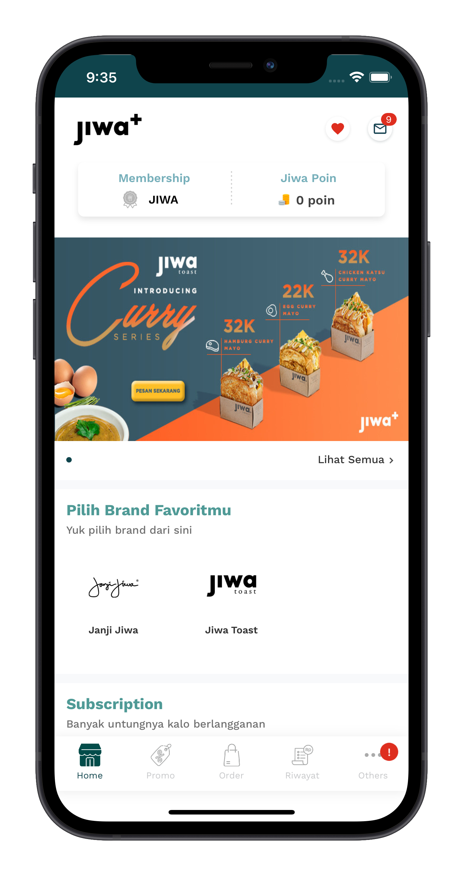Jiwa+ home and brand selection screen