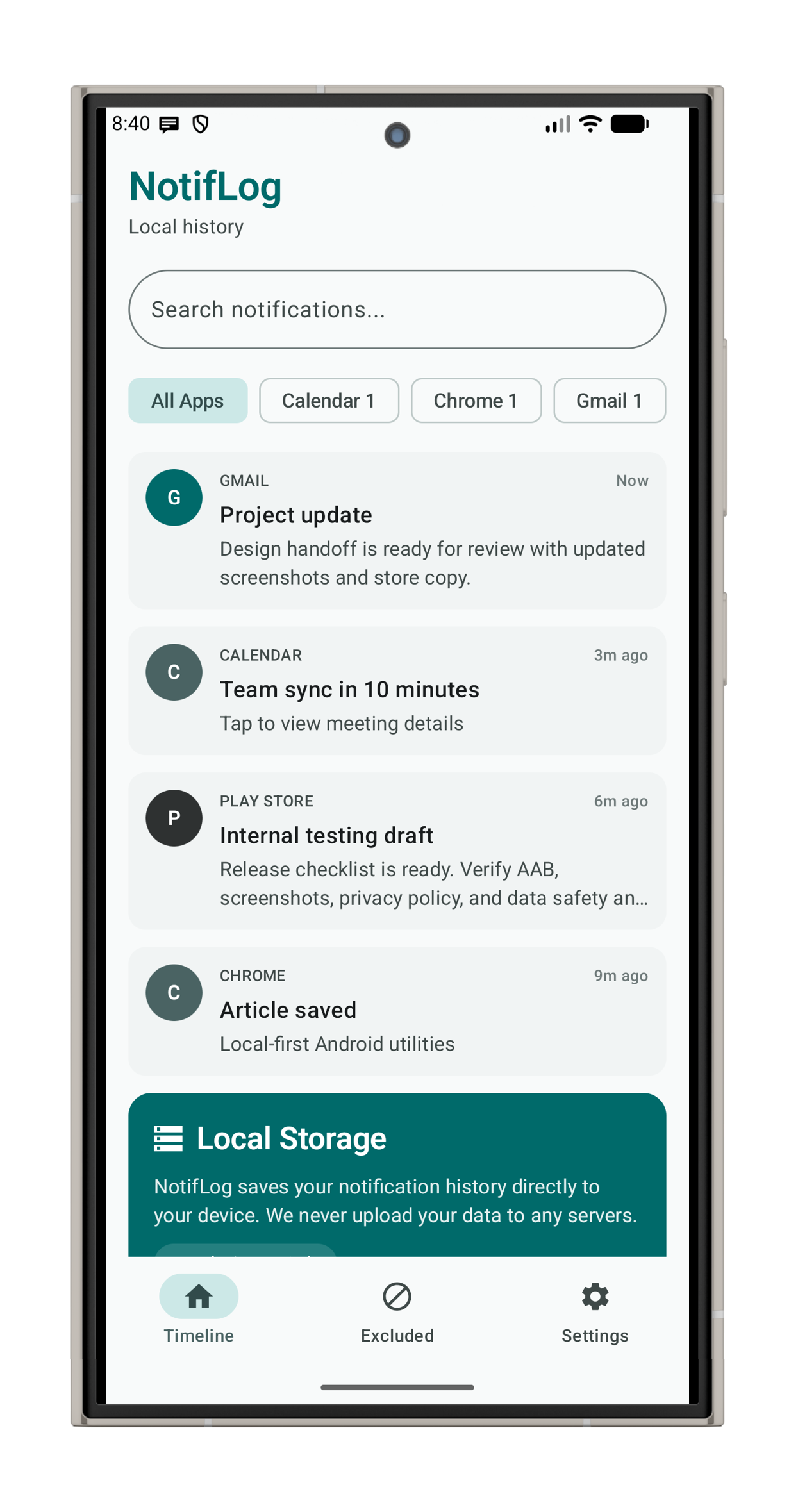 NotifLog notification timeline